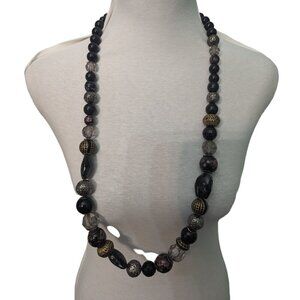 KR beaded necklace black silver tone beads 17"